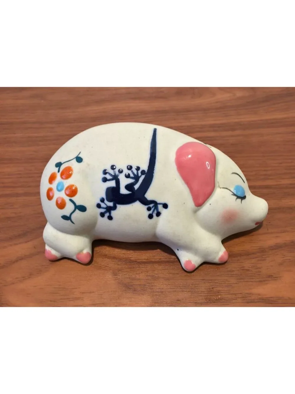 Vintage Hand-Painted Ceramic Pig Salt & Pepper Shakers w/ Gecko & Floral Design